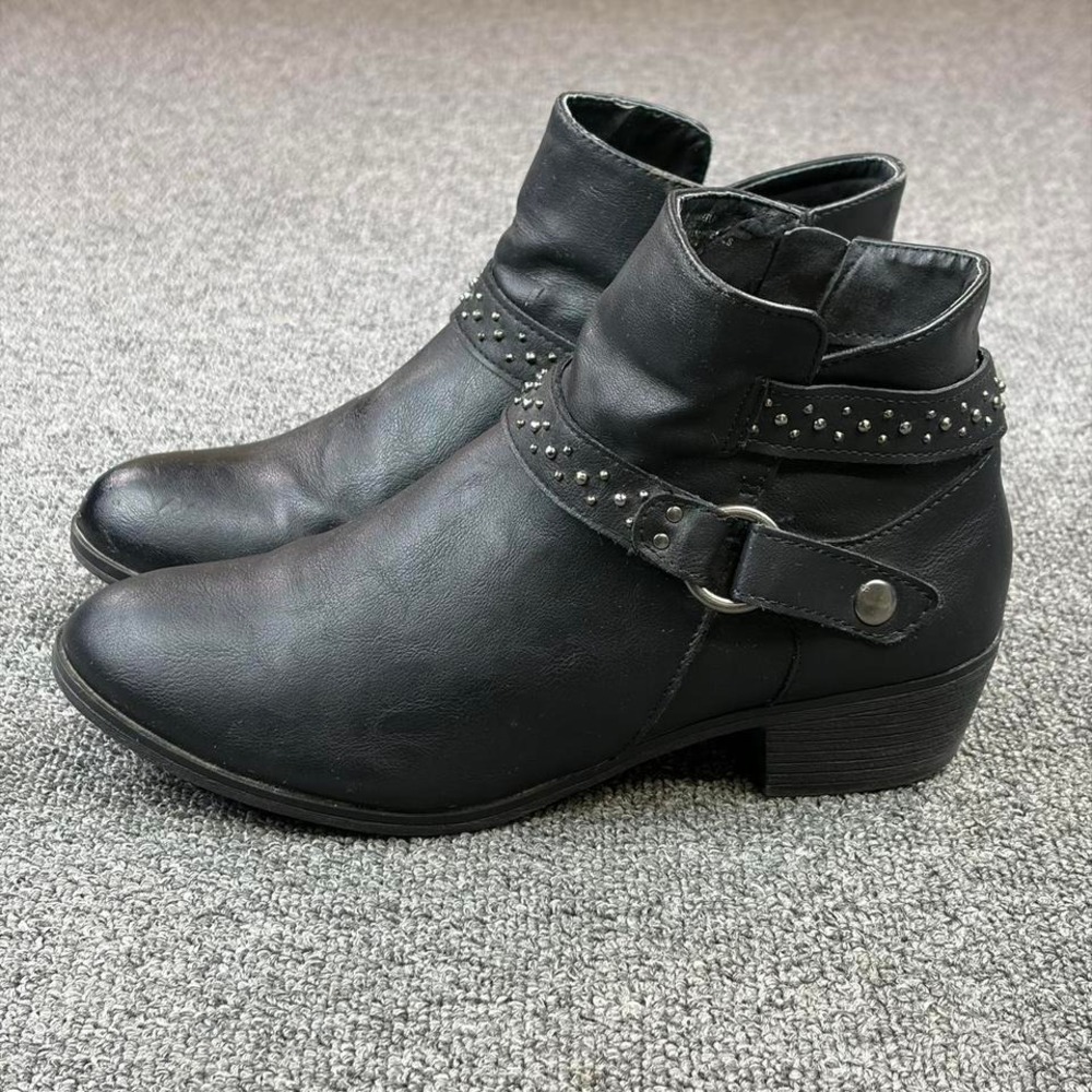 Women's Black Short Heel Campus Pull On Stud Harness Buckle Booties‎ Boots 8.5 M